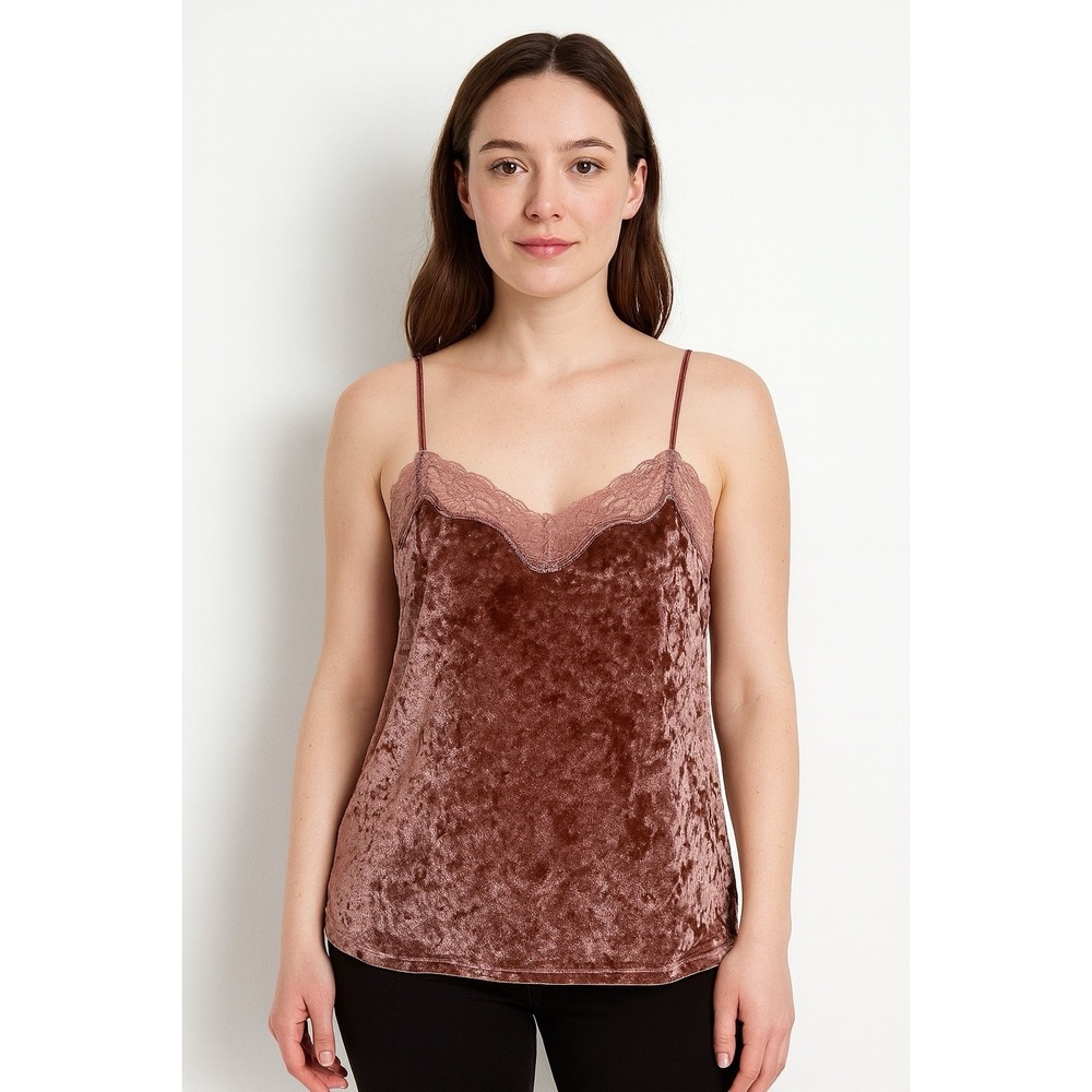 Laura Conard Womens L Camisole Crushed Velvet Sheer Lace Brown Coquette Tank Top